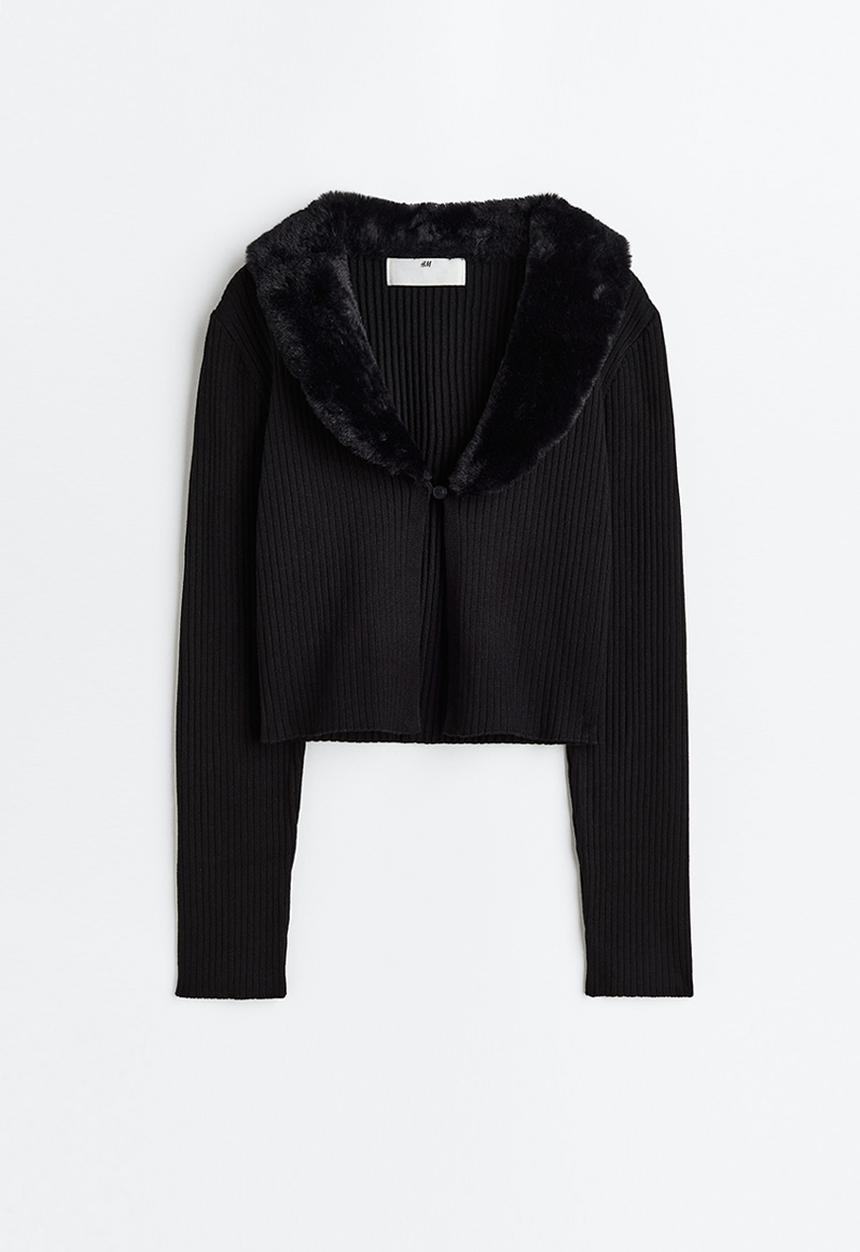 H&M - Fluffy-collared cardigan - black