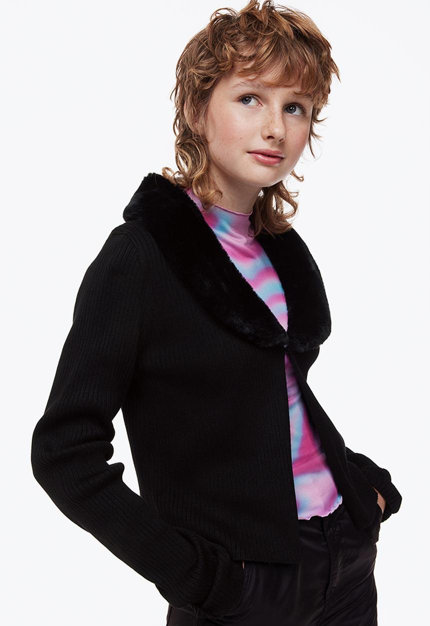 H&M - Fluffy-collared cardigan - black