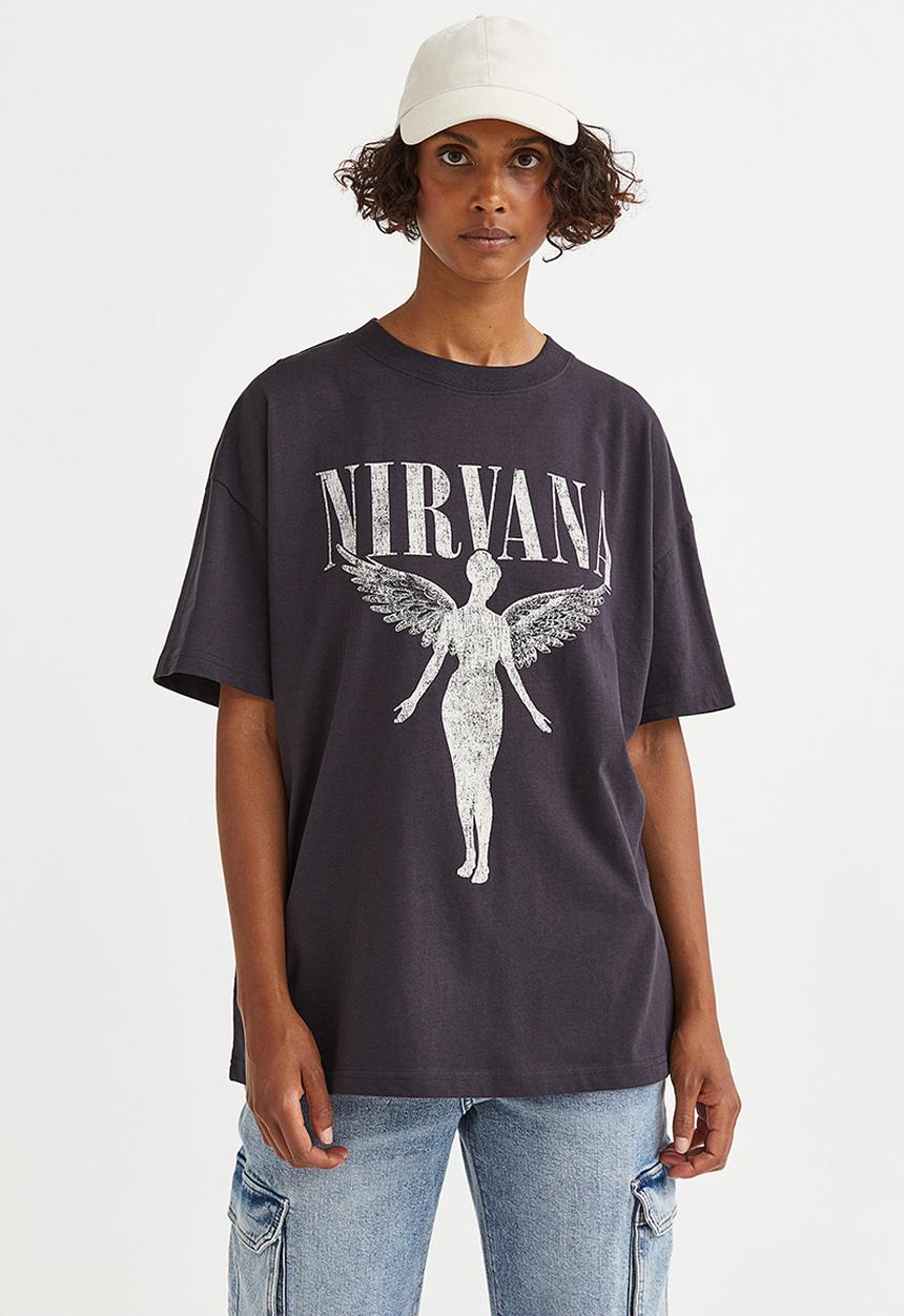 H&M - Oversized printed t-shirt - dark grey/nirvana