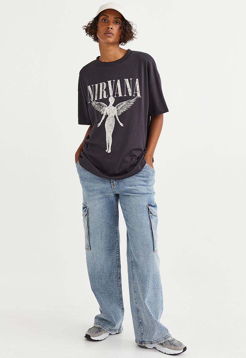 H&M - Oversized printed t-shirt - dark grey/nirvana