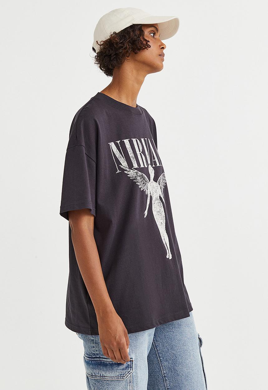 H&M - Oversized printed t-shirt - dark grey/nirvana