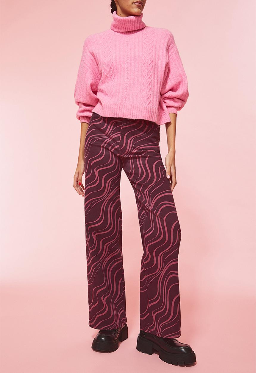 H&M - Wide twill trousers - plum purple/patterned