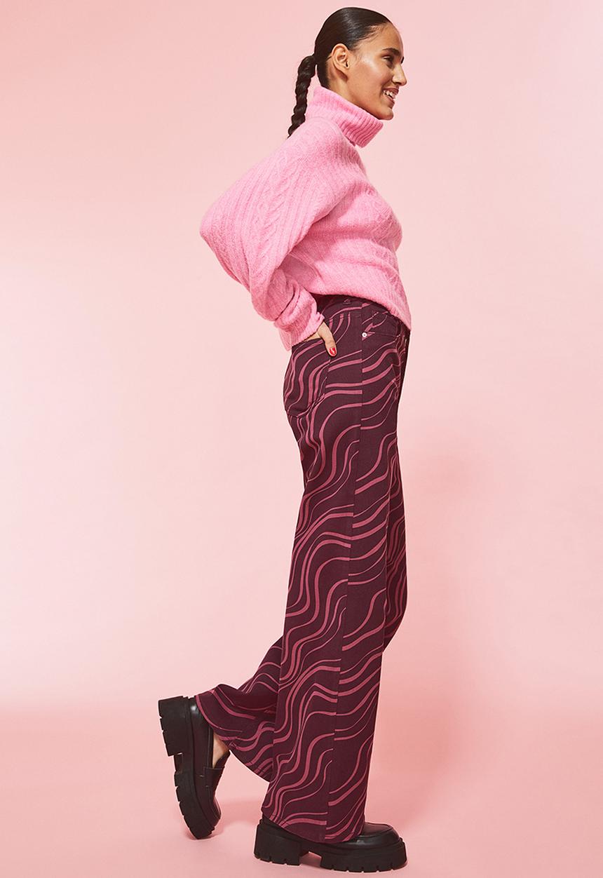 H&M - Wide twill trousers - plum purple/patterned