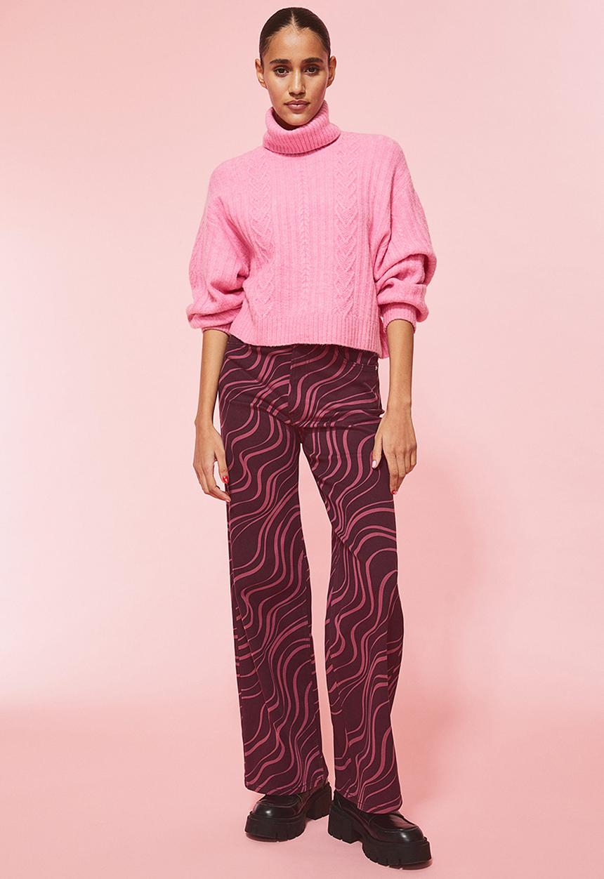 H&M - Wide twill trousers - plum purple/patterned