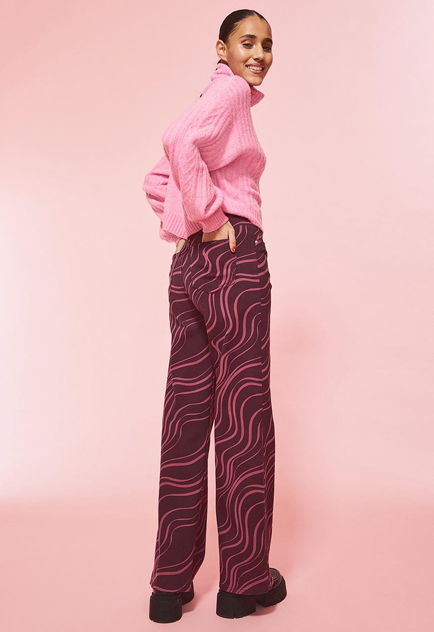 H&M - Wide twill trousers - plum purple/patterned