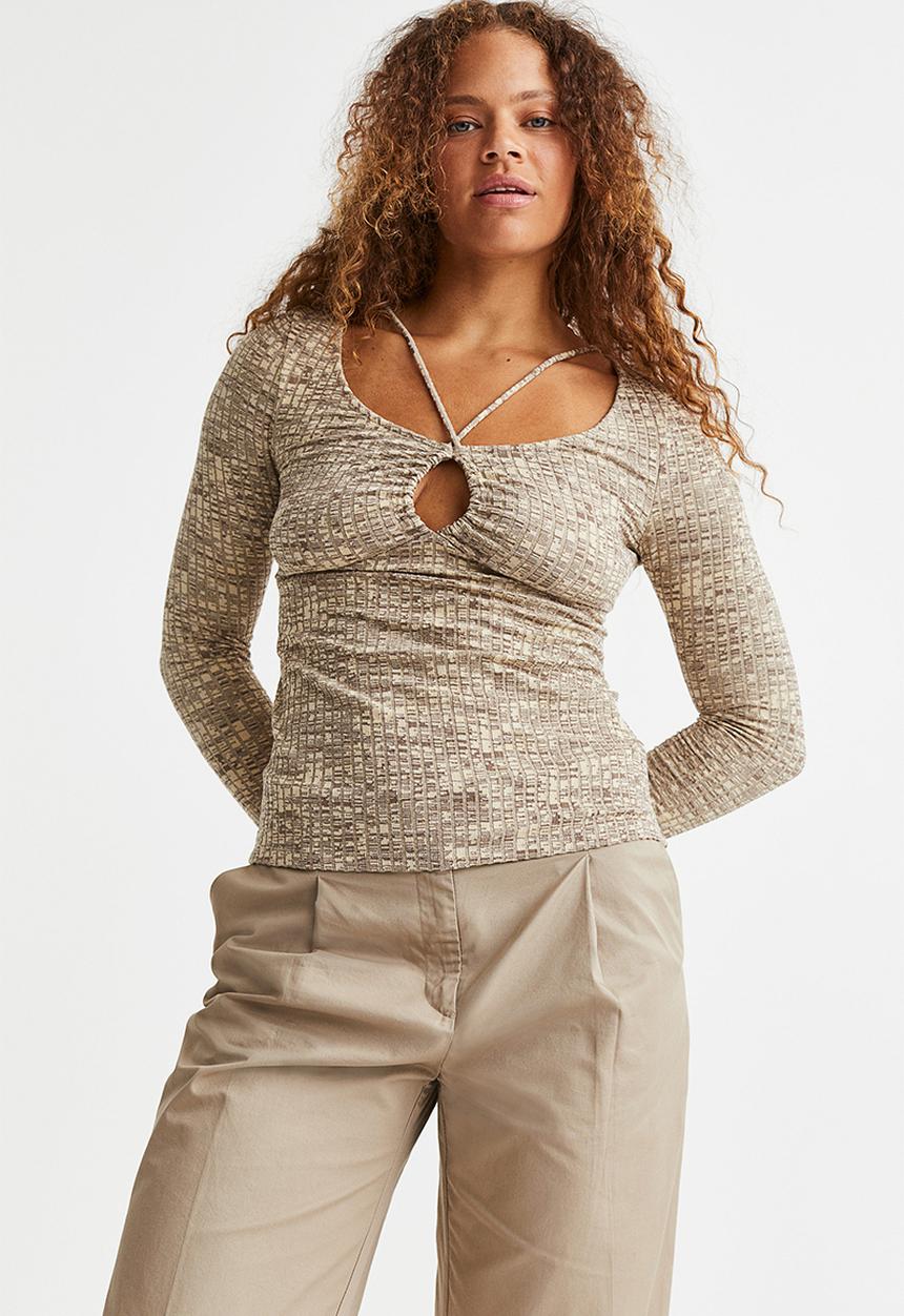 H&M - Ribbed jersey top - beige marl