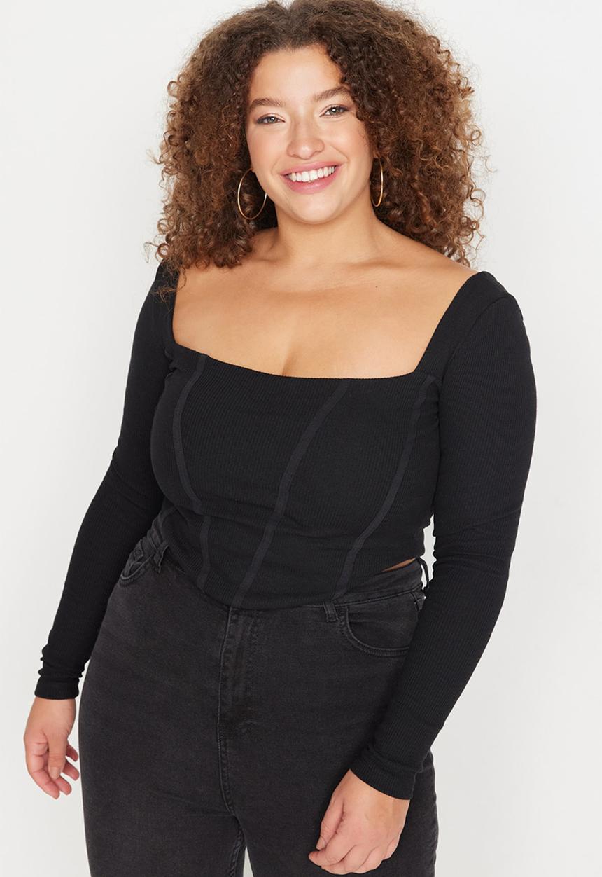 Trendyol - Plus stitch detailed knitted crop blouse - black