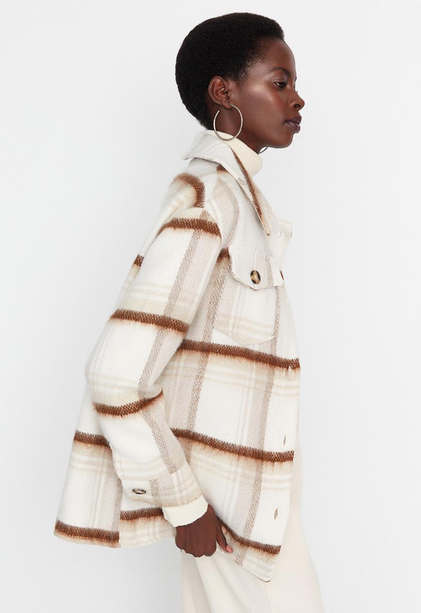Trendyol - Plaid oversized coat - ecru