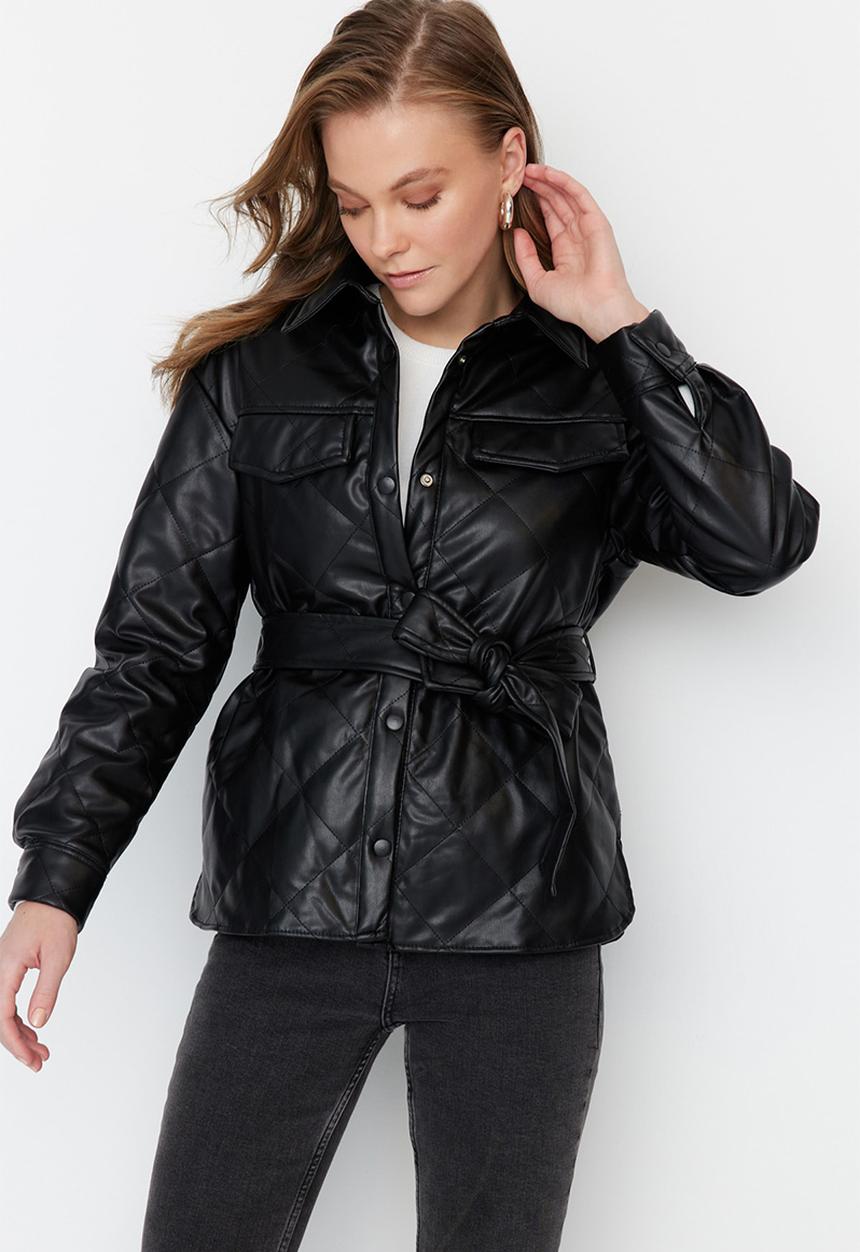 Trendyol - Belted faux leather quilted coat - black