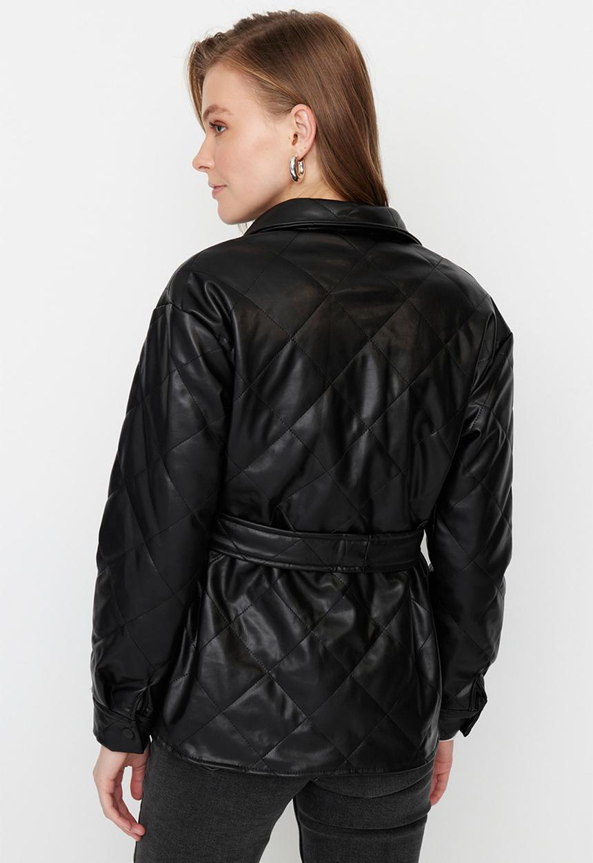 Trendyol - Belted faux leather quilted coat - black