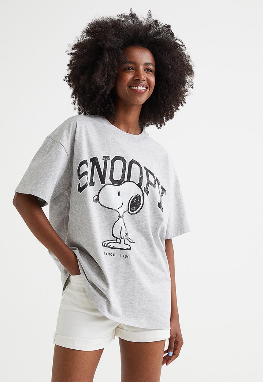 H&M - Oversized printed T-shirt - light grey marl/snoopy