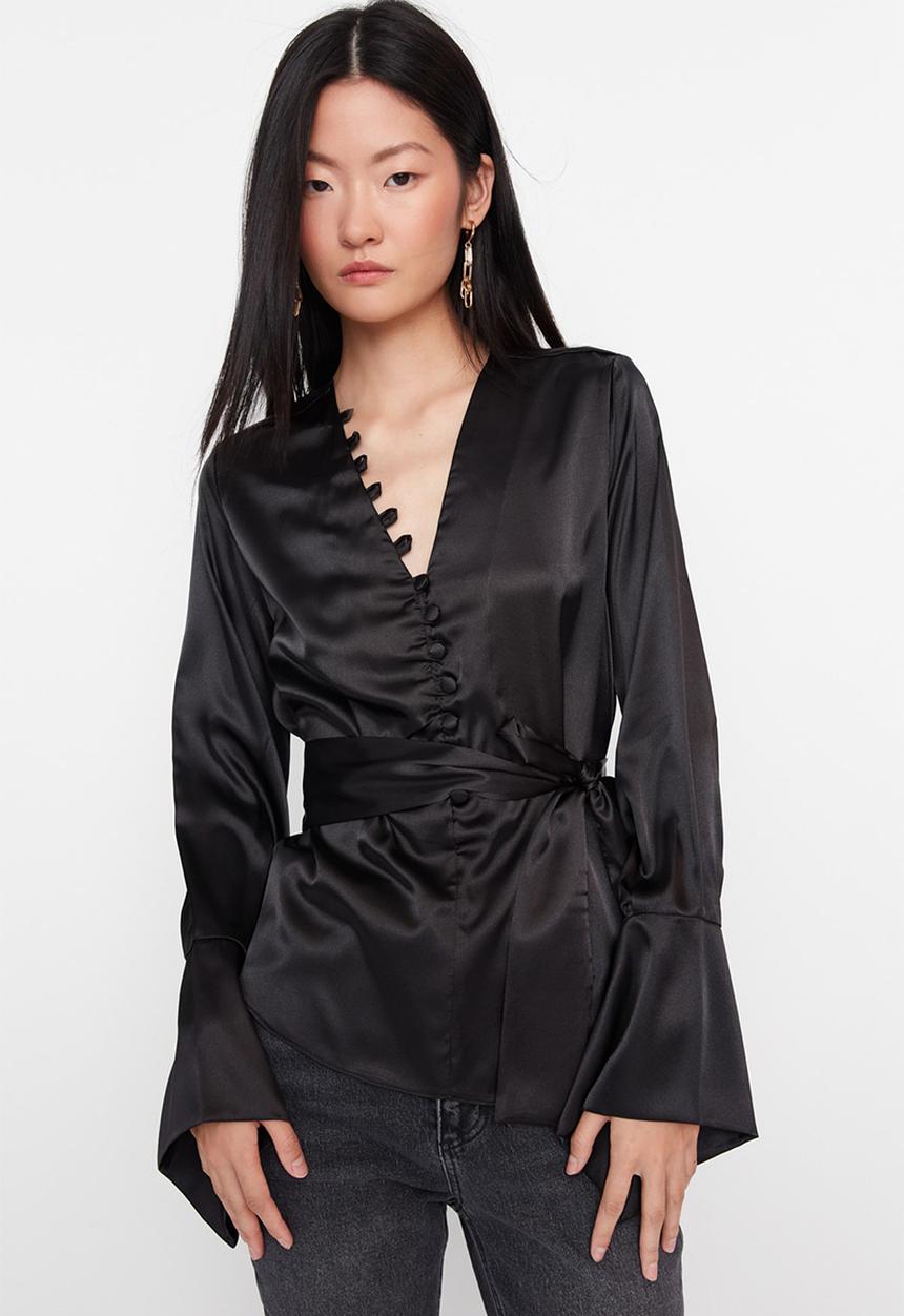 Trendyol - Button detail tie waist blouse - black