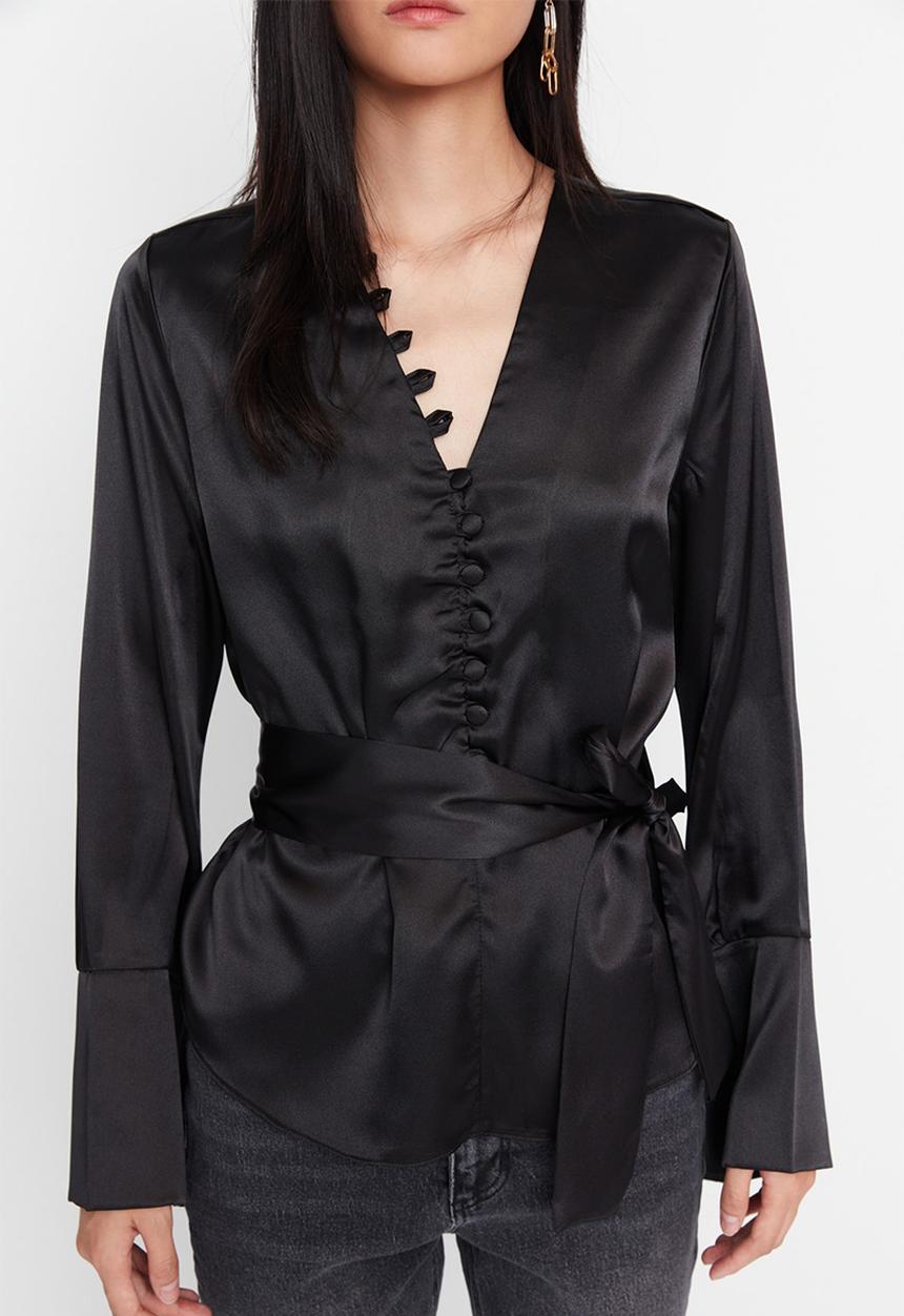 Trendyol - Button detail tie waist blouse - black