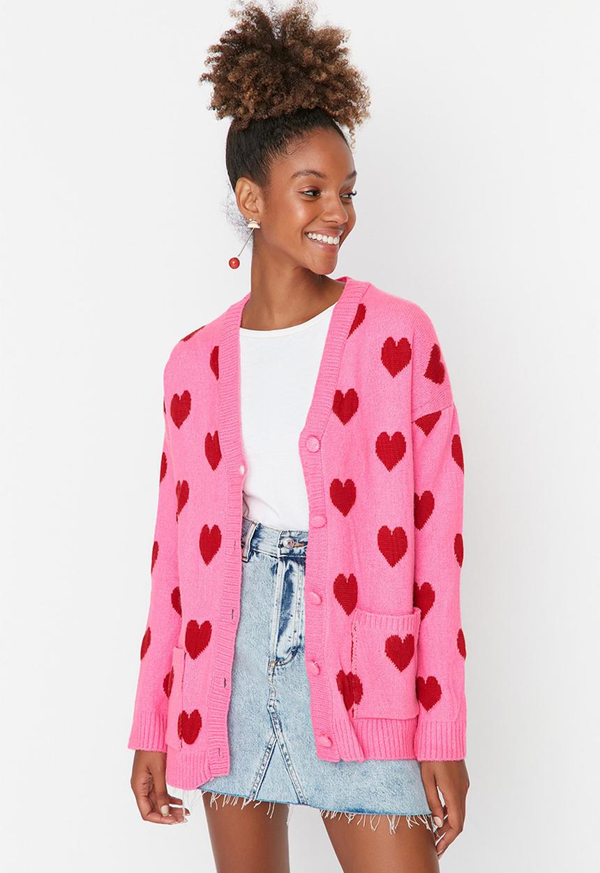 Trendyol - Heart patterned knitwear cardigan - pink