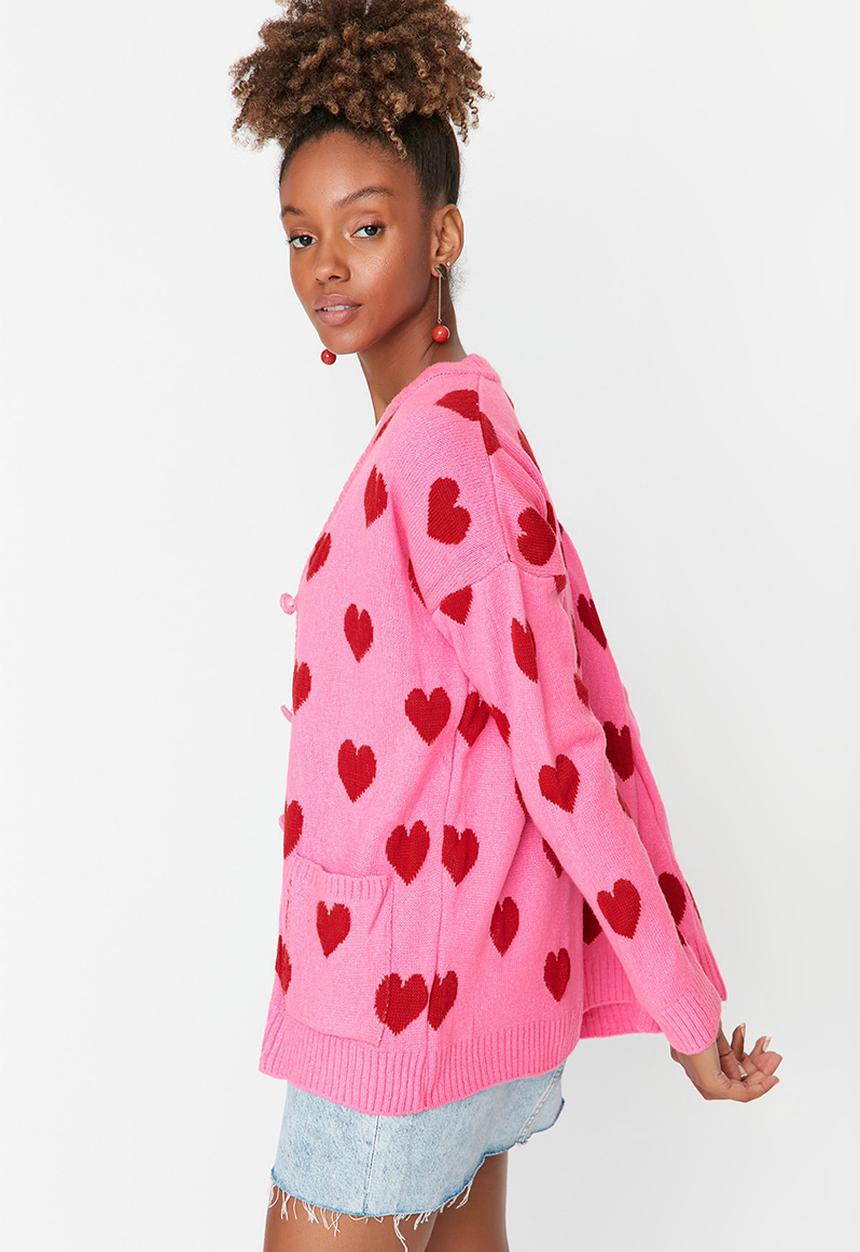 Trendyol - Heart patterned knitwear cardigan - pink