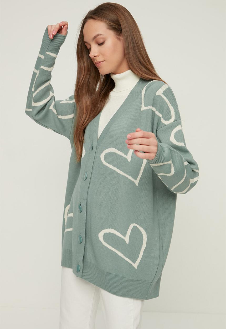 Trendyol - V neck heart patterned cardigan - mint
