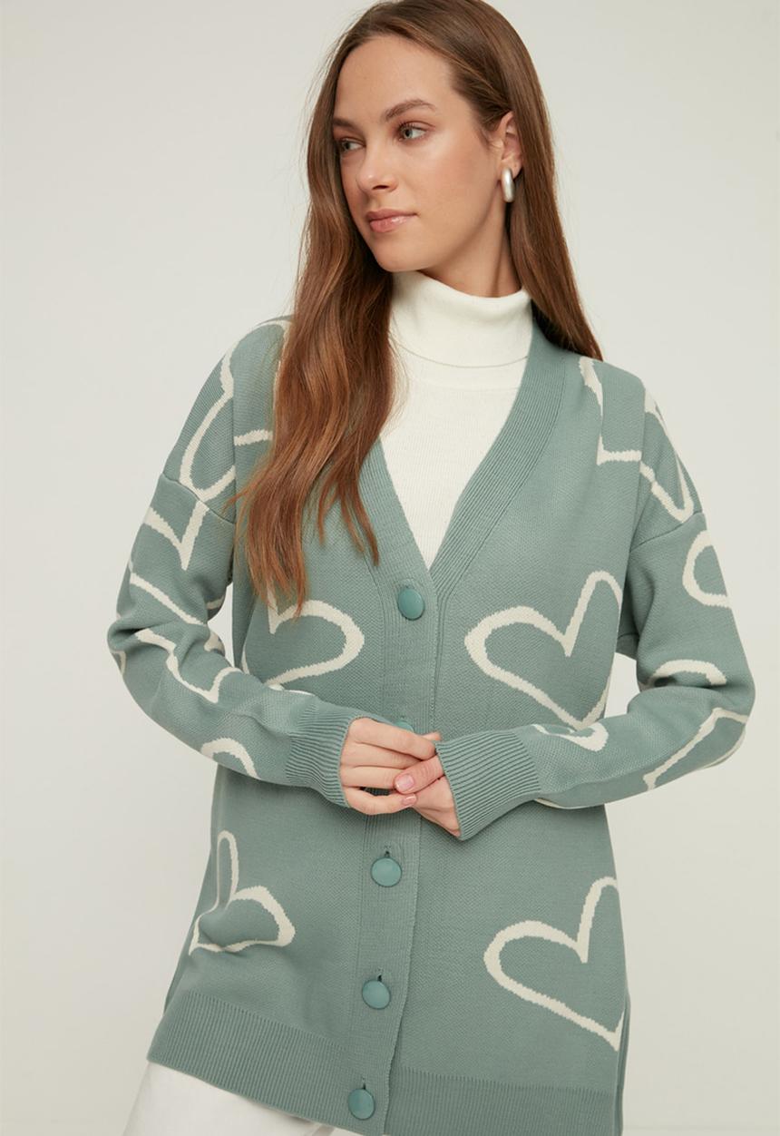 Trendyol - V neck heart patterned cardigan - mint