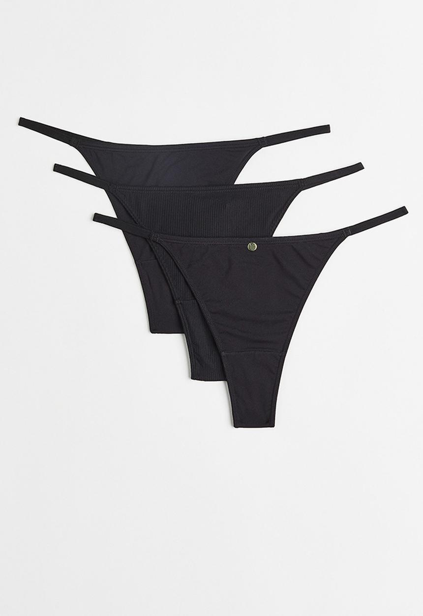 H&M - 3 Pack ribbed thong briefs - black