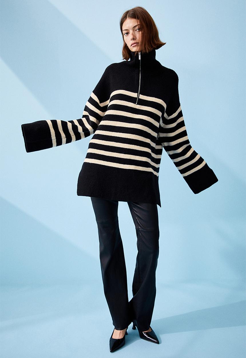 H&M - Zip-top rib-knit jumper - black/striped