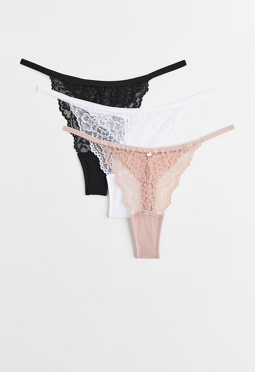 H&M - 3 Pack lace thong briefs - black/white/old rose