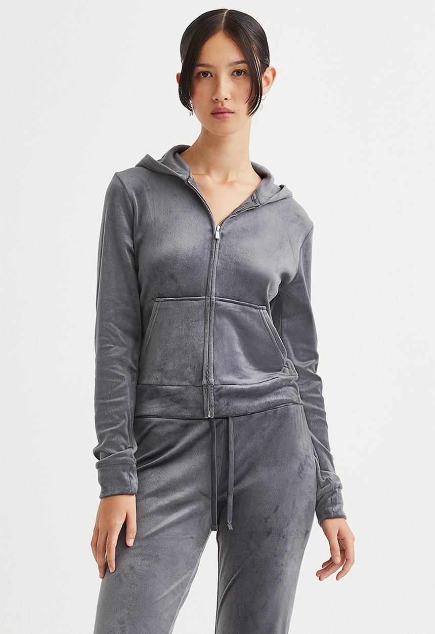 H&M - Velour zip-through hoodie - dark grey