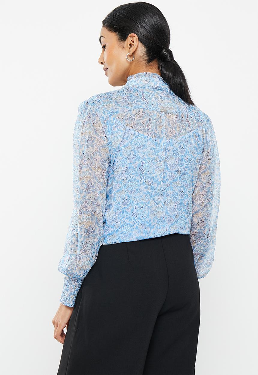Pringle of Scotland - Printed frill blouse - blue
