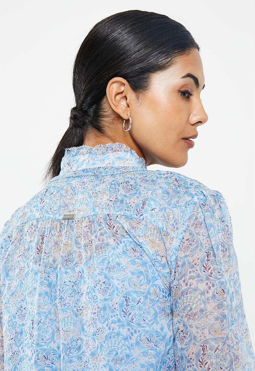Pringle of Scotland - Printed frill blouse - blue