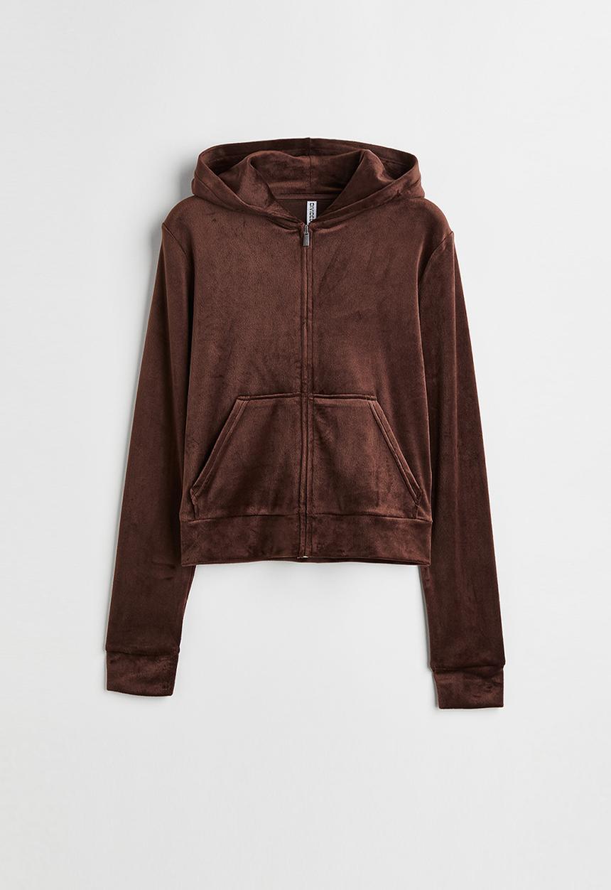 H&M - Velour zip-through hoodie - dark brown