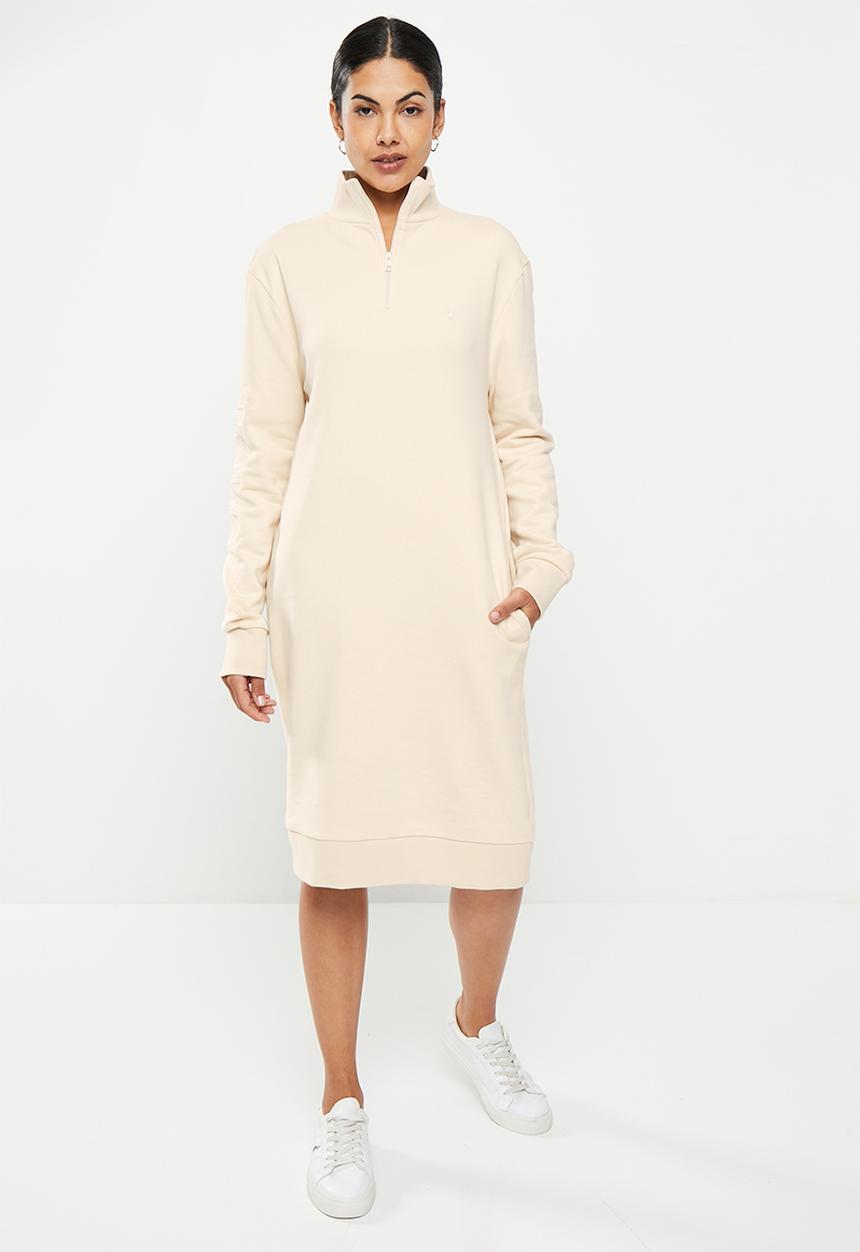 POLO - Wmn quarter zip long sleeve sweat dress - stone