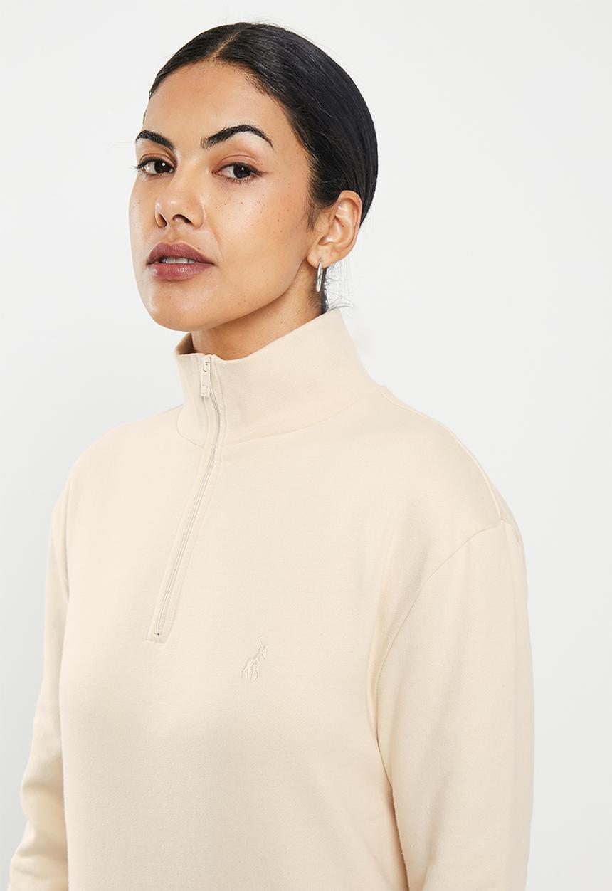 POLO - Wmn quarter zip long sleeve sweat dress - stone