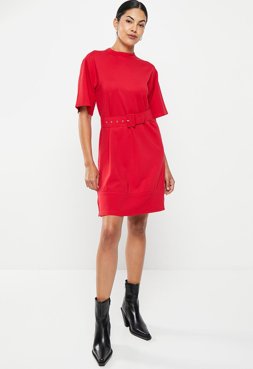 Me&B - Ponti belted turtle neck dress - red
