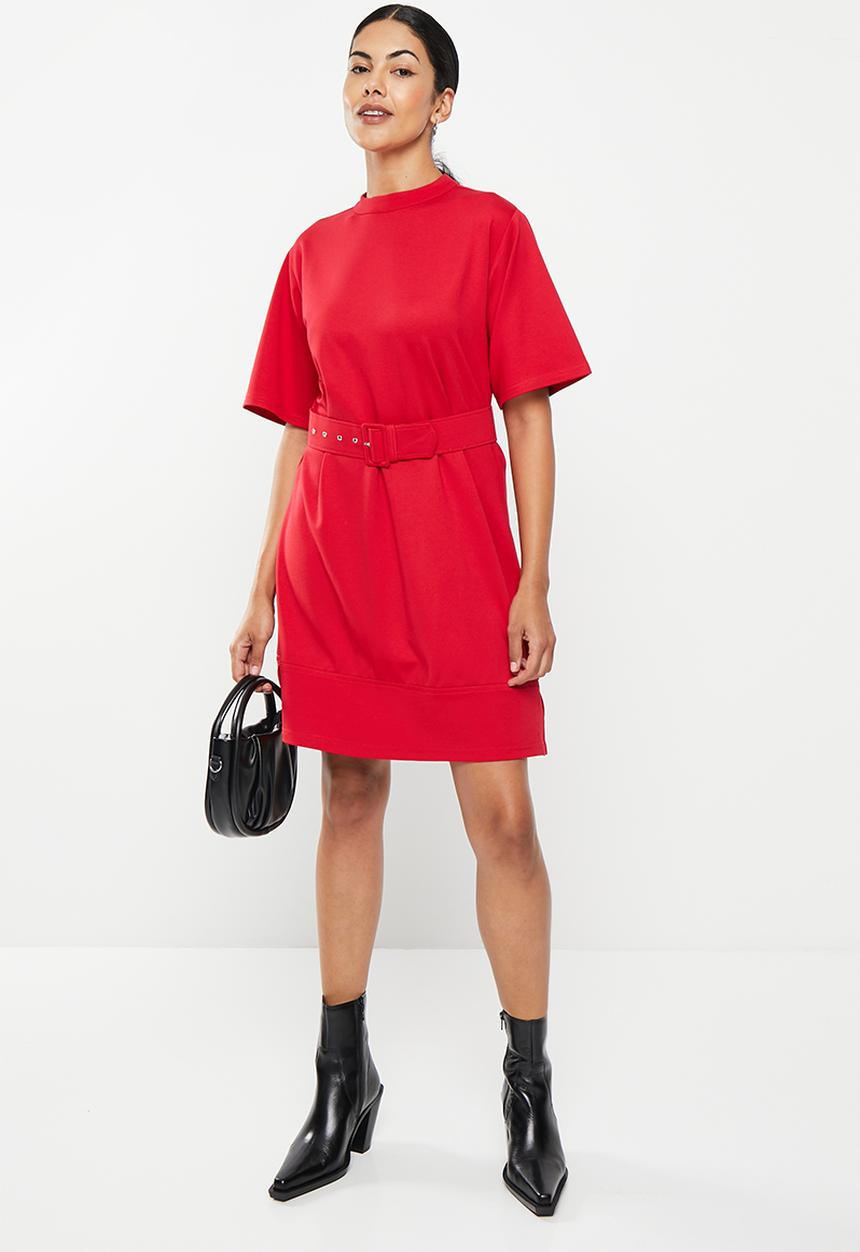 Me&B - Ponti belted turtle neck dress - red