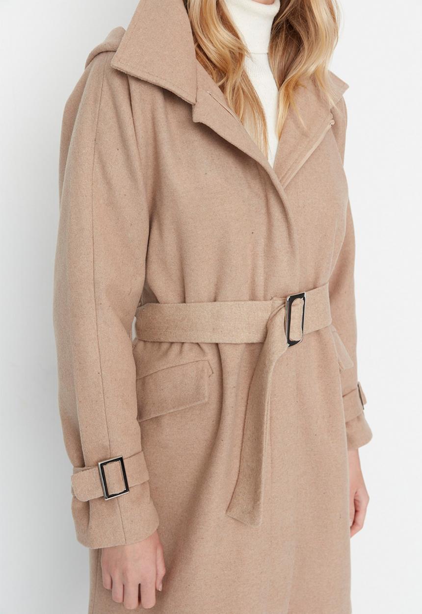 Trendyol - Belted oversized lined stamp coat - camel