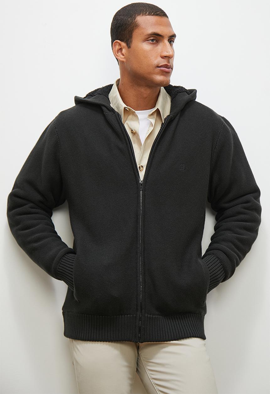 Lark & Crosse - Sherpa lined zip through knitwear - charcoal