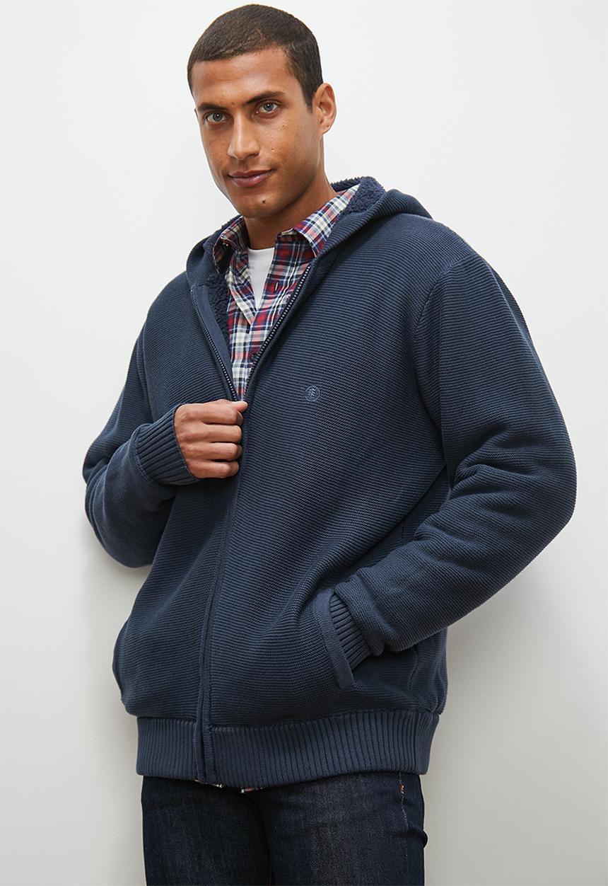 Lark & Crosse - Sherpa lined zip through knitwear - navy
