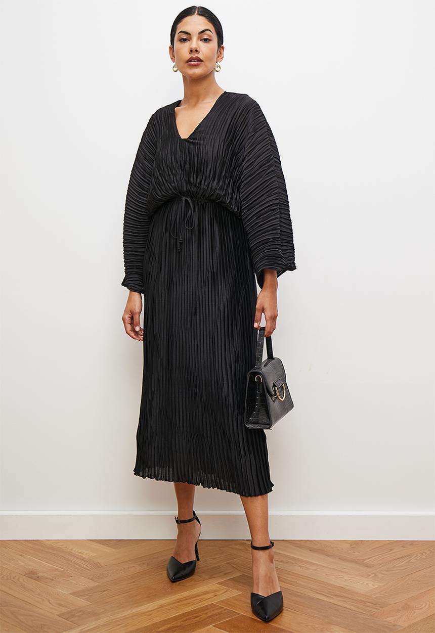 edit - Dolman sleeve pleated midi dress - black
