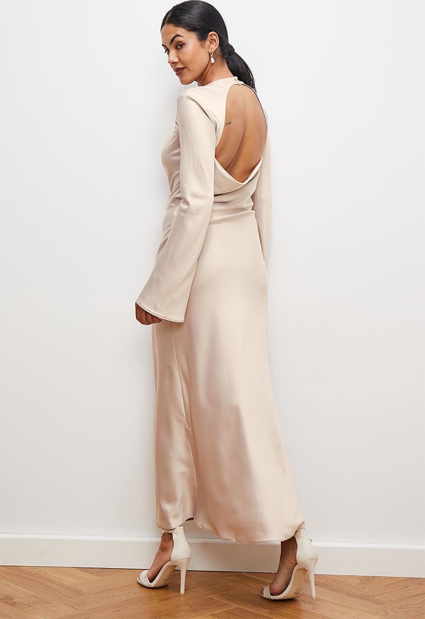edit - Satin draped neckline maxi dress - oyster