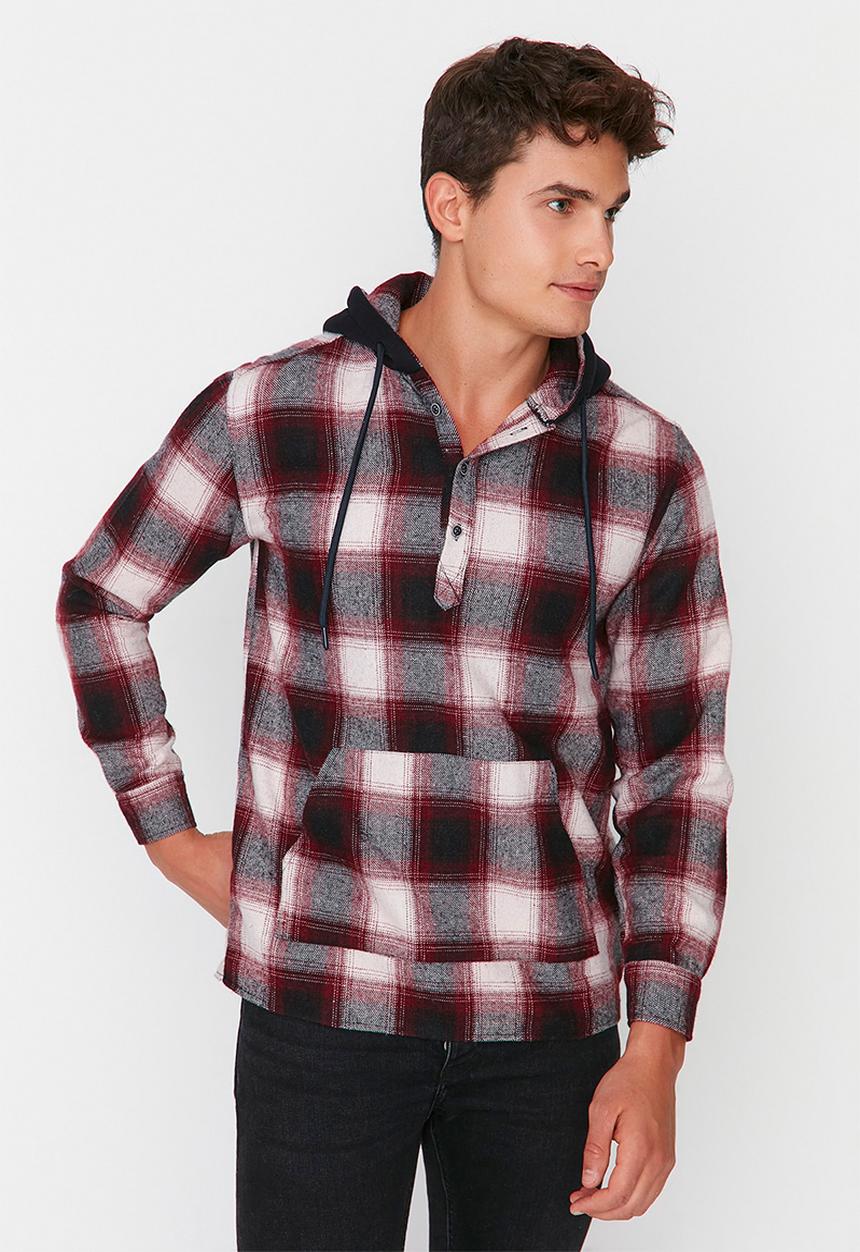 Trendyol - Hooded check shirt - burgundy