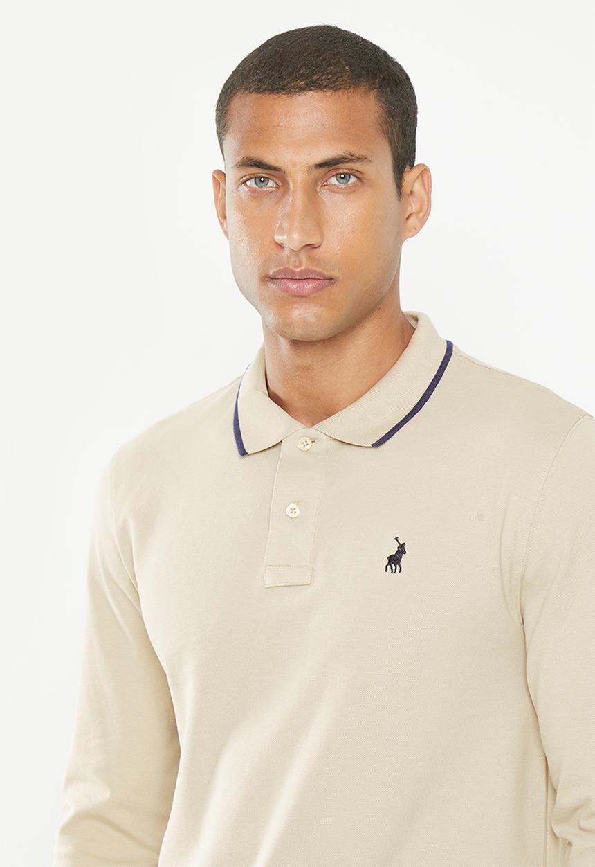 POLO - Mens pique long sleeve golfer - bone