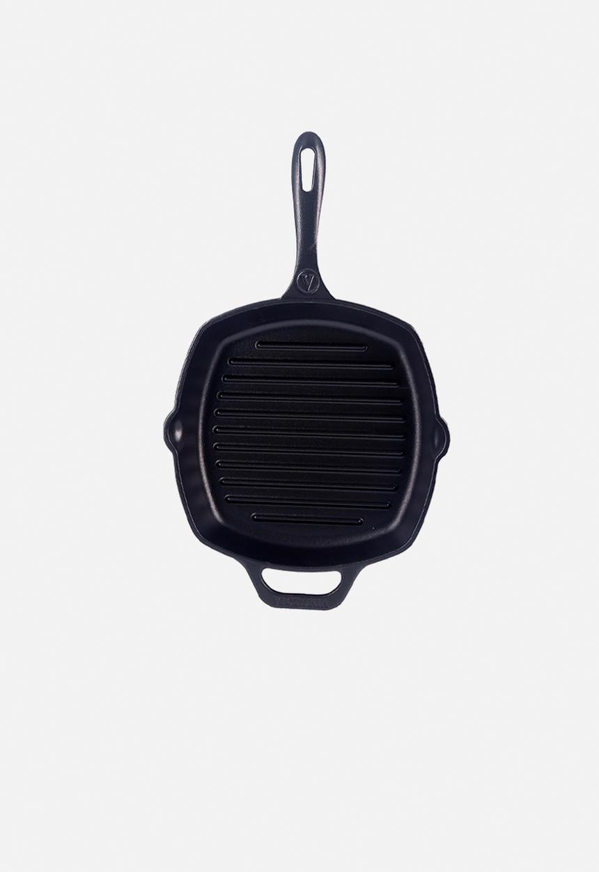 Victoria - 26cm Cast iron square grill pan with helper handle - black enamelled