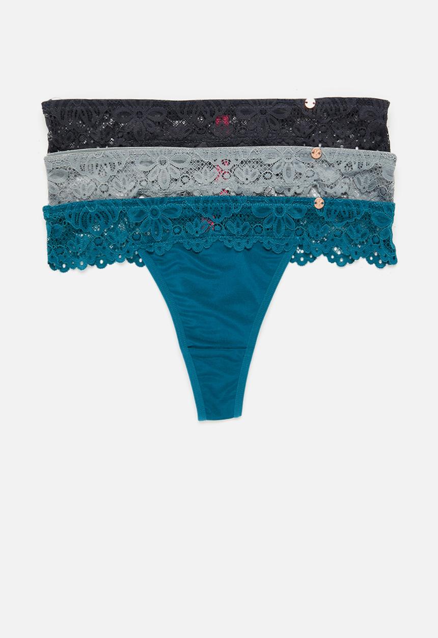 KANGOL - 3 Pack shiny mf & galloon lace thong - multi