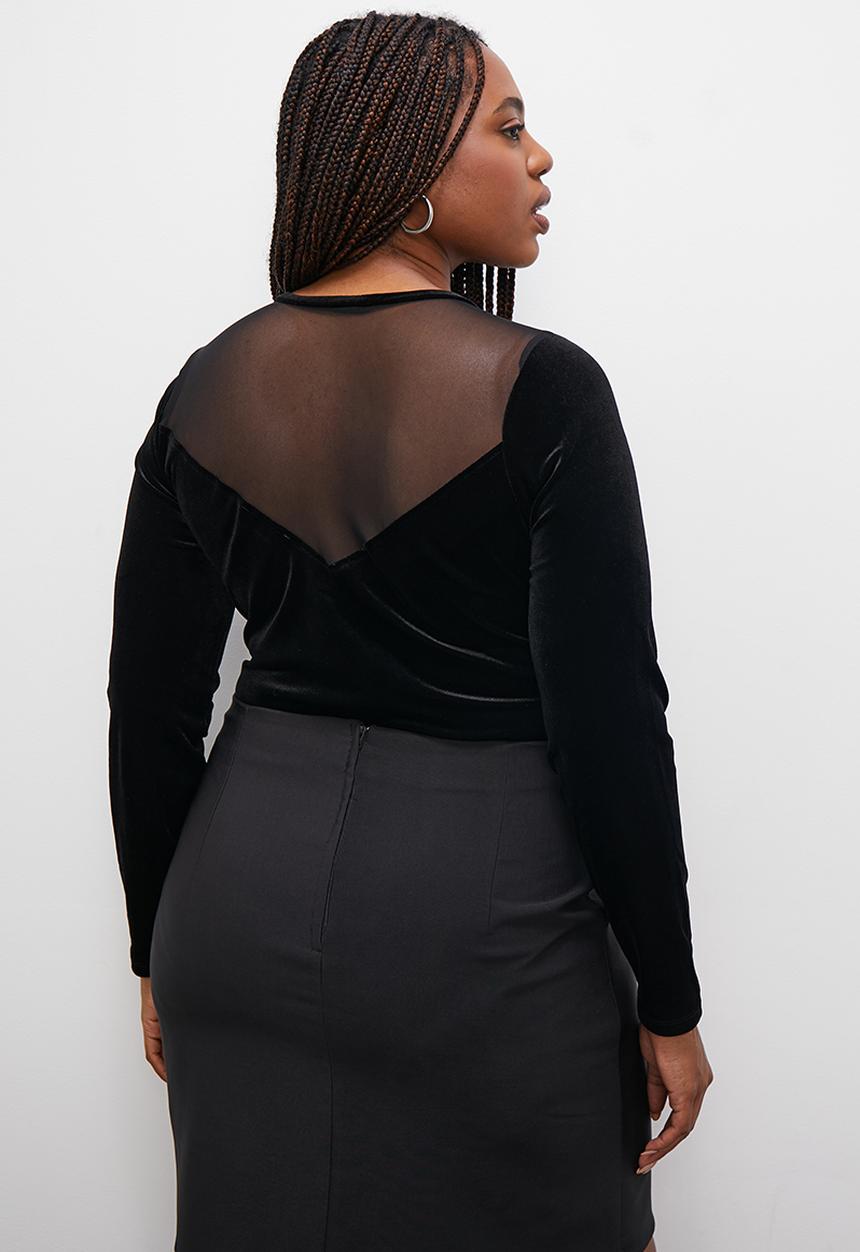 Blake - Velour mesh insert bodysuit - black