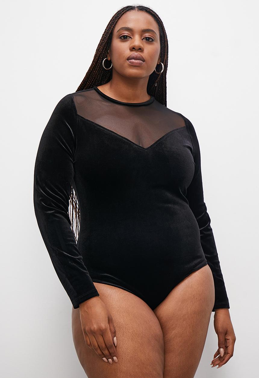 Blake - Velour mesh insert bodysuit - black