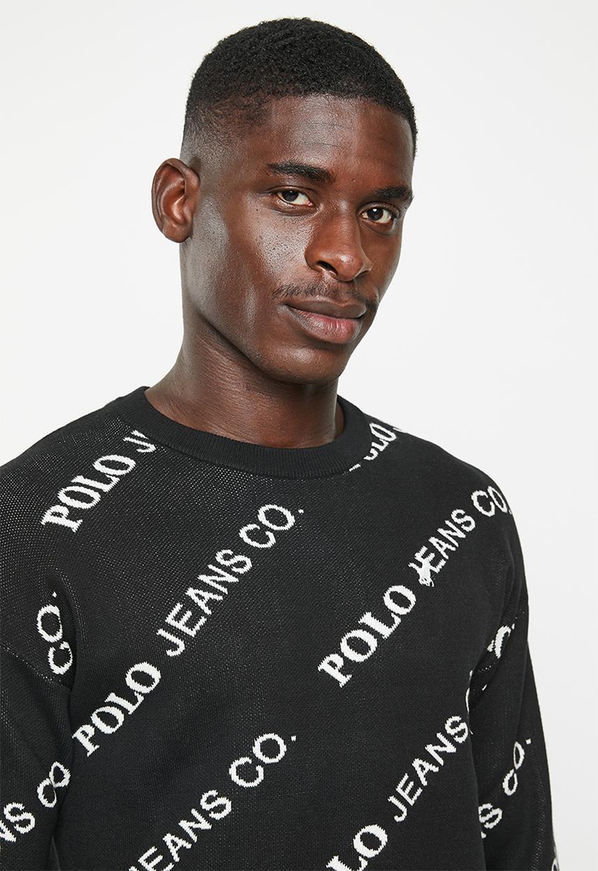 POLO - Men pjc long sleeve monogram crew knit - black