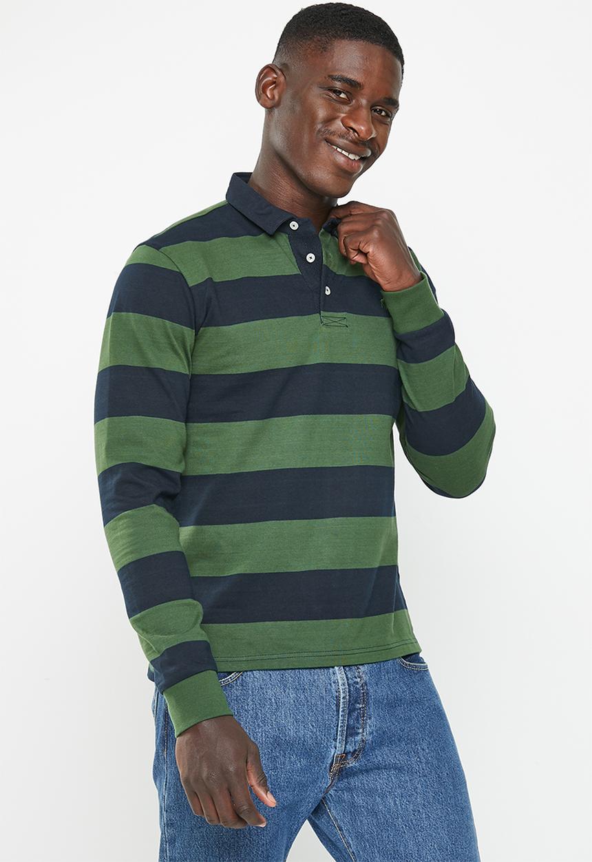 POLO - Mens rugby stripe long sleeve golfer - green