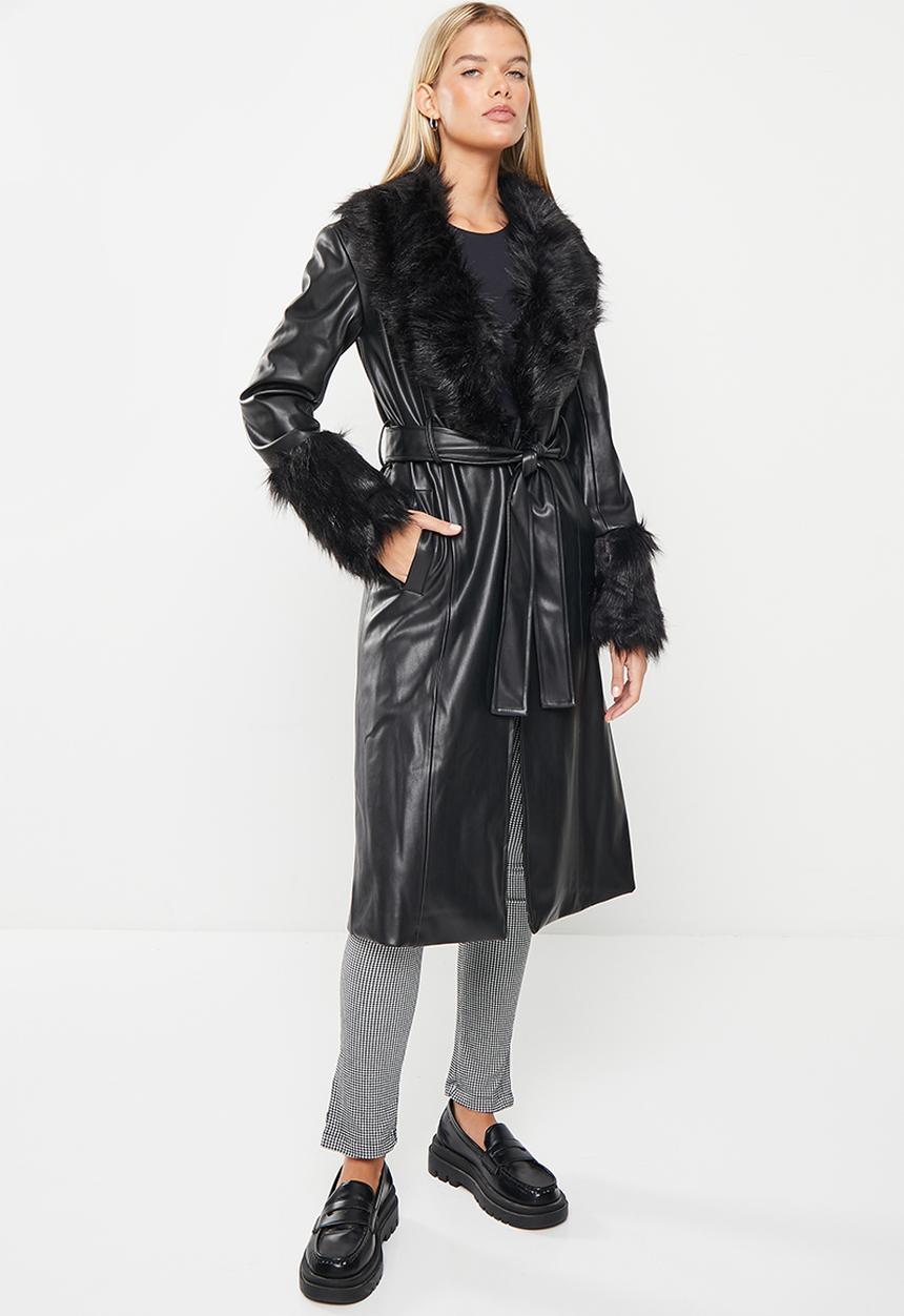 Me&B - PU trench with faux fur detail - black