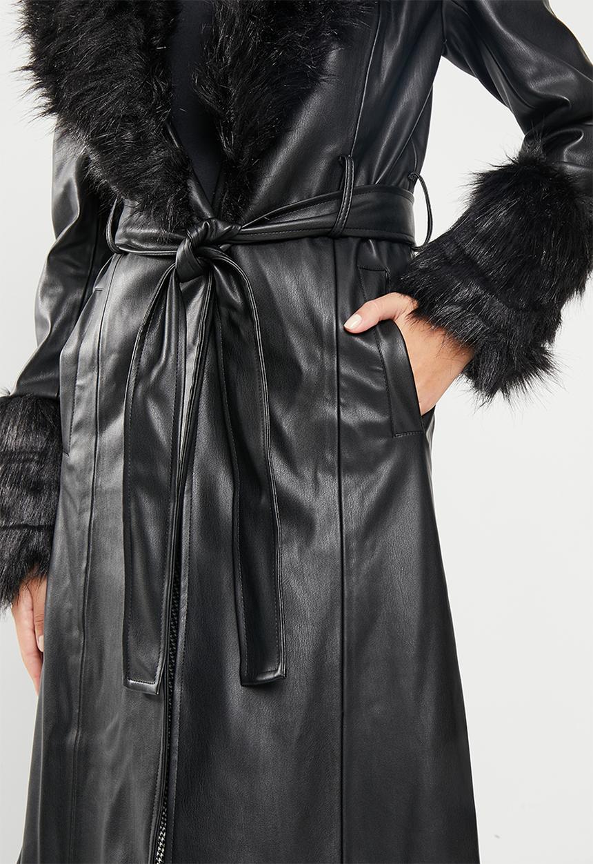 Me&B - PU trench with faux fur detail - black
