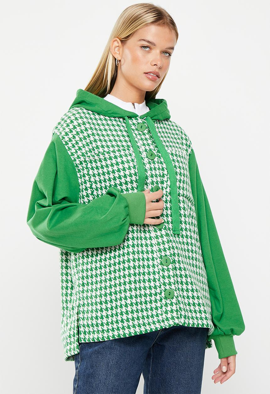 Me&B - Boucle combo hoodie - green & houndstooth