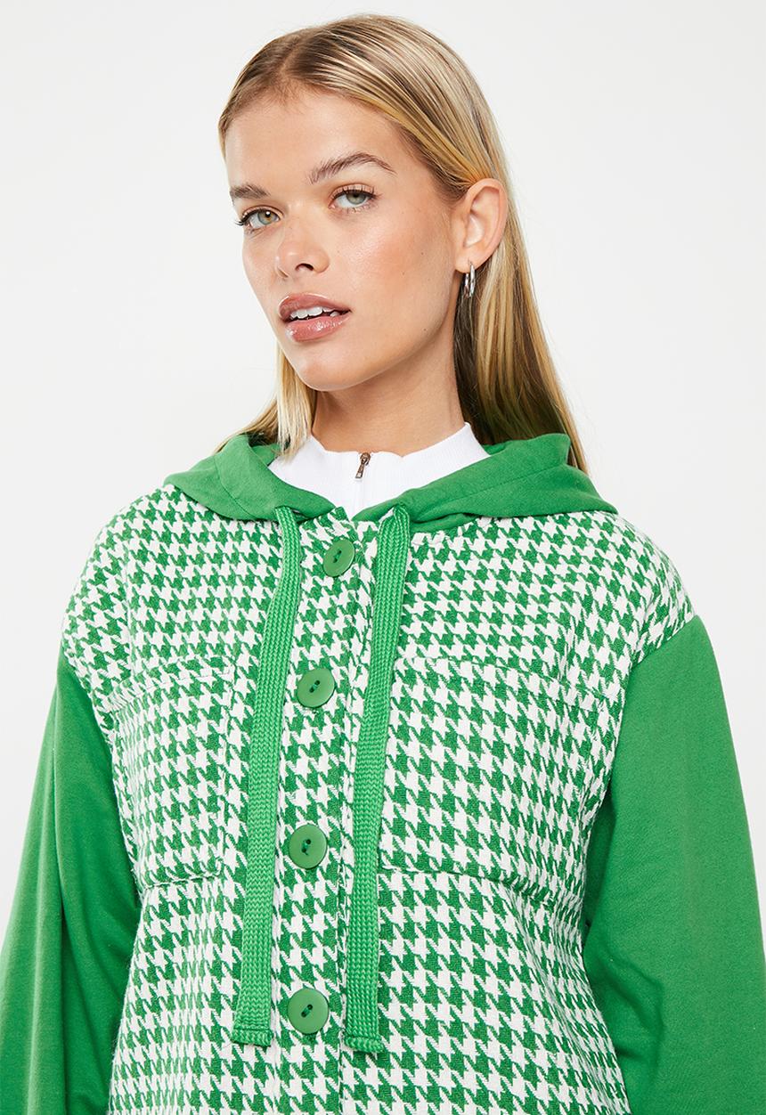 Me&B - Boucle combo hoodie - green & houndstooth