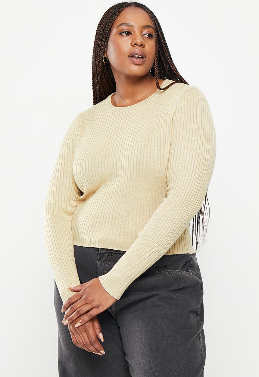 Cotton On - Plus urban rib crew neck top - mid taupe marle